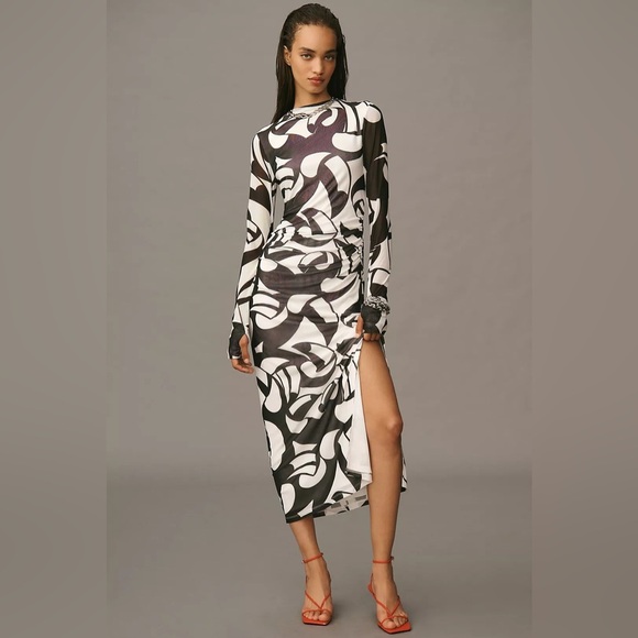 Farm Rio Long-Sleeve Mock-Neck Mesh Slim Midi Dress - Picture 1 of 7